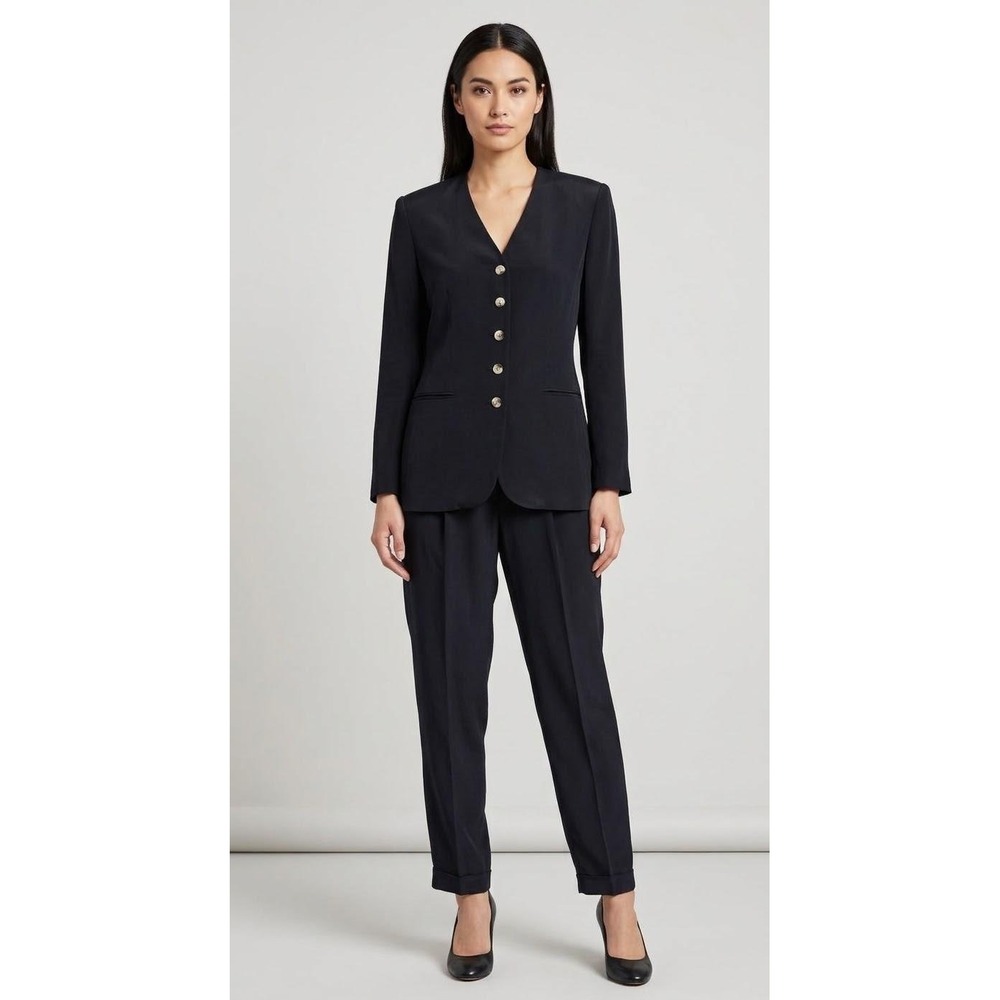 VTG Evan-Picone 100% Silk Pant Suit Womens 10 Black 2 Piece Blazer Trousers